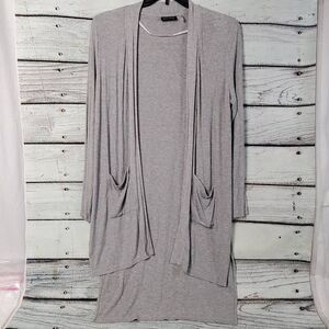 DKNY JEANS Women’s Long Gray Open Front Cardigan Sweater Size L Lightweight Drap